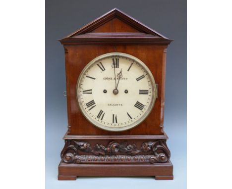Cooke and Kelvey, Calcutta, Victorian twin fusee bracket clock in carved mahogany case with architectural top and painted whi
