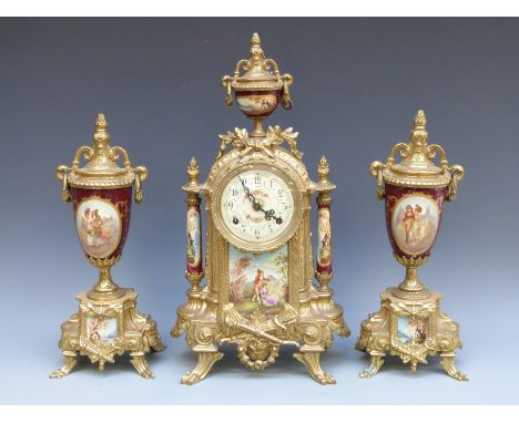 FHS of Germany brass and ceramic clock garniture in the Sevres style, the painted Arabic dial with floral and foliate decorat