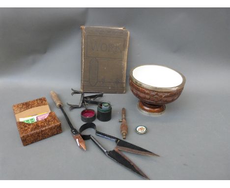 Collectables including mole trap, shears, playing cards, Victorian work book, cased measuring glass, milk glass etc