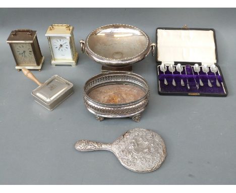 A quantity of silver plate to include pedestal bowl, pierced dish, carriage clocks, cased cutlery, hallmarked silver backed m