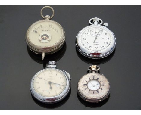 A white metal half hunter pocket watch with keyless wind movement and white enamel dial with Roman numerals and subsidiary se