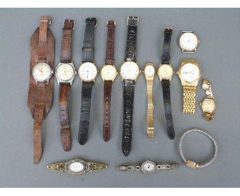 Thirteen various wristwatches and watches including a 9ct gold cased ladies wristwatch with 9ct gold strap, weight 15.6g, Rot