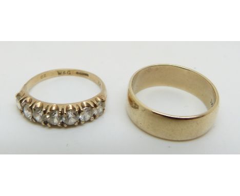 A 9ct gold wedding band (size L) and a 9ct gold ring set with cubic zirconia (size K), 5.7g 