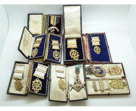A quantity of Masonic openwork hallmarked silver or white metal jewels / medals, some cased, includes North Wales, paste set 