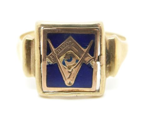 A 9ct gold Masonic swivel ring with enamel decoration, 4.3g (size R)