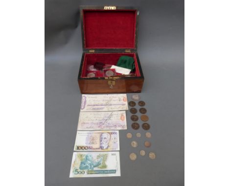 A wooden chest / caddy containing some crown sized coins including silver Britannia, 1936 Edward VIII re-strike, Maria Theres