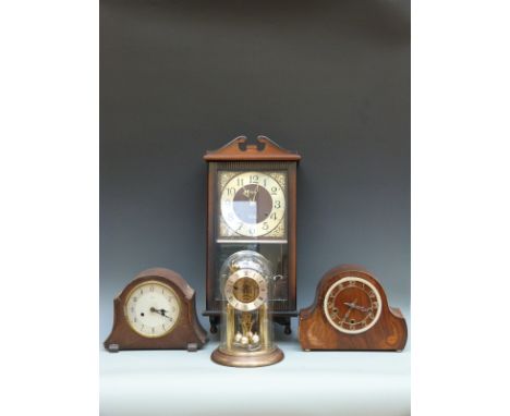 Two oak-cased mantel clocks, one a Smiths Enfield example, a 30-hour wall clock and an anniversary clock