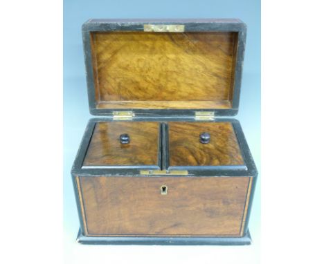A 19thC inlaid walnut two division tea caddy, width 21cm