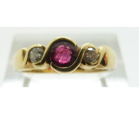 An 18ct gold ring set with a ruby of approximately 0.3ct and two diamonds, size O, 4.7g 