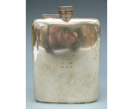 A George V hallmarked silver hip flask with bayonet cap and marked Rd No 649007, Birmingham 1917 maker William Neale & Son Lt