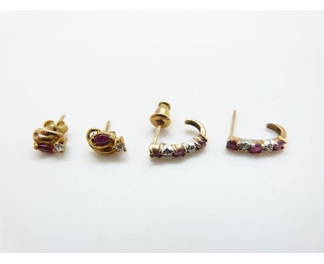 A pair of 9ct gold earrings set with a ruby and cubic zirconia to each and a another pair of 9ct gold earrings set with alter
