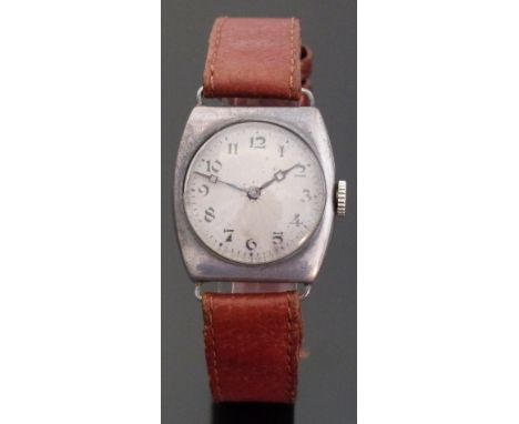 Rolex gentleman's wristwatch with black Arabic numerals, black hands, silver engine turned face, wire lugs, silver cushion sh