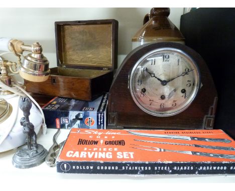 A quantity of collectables including hallmarked silver mounted whisky noggin, three train mantel clock, cased plated cutlery,