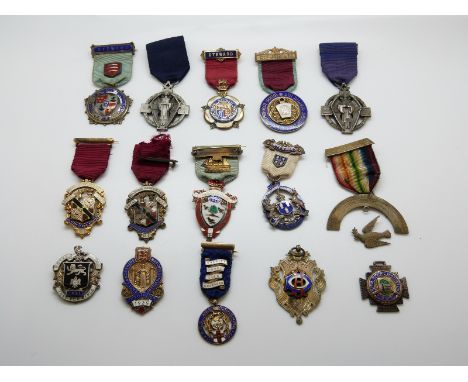 Fifteen hallmarked silver and enamel Masonic jewels / medals, lodges include various Benevolent Institutions from 1915 onward