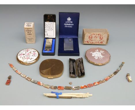 Various collectables including early faux tortoiseshell Carlo 'handbag fan', travel manicure set, compacts, lighters, Kodak t