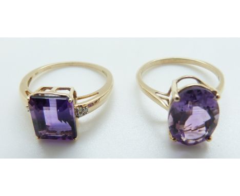 A 9ct gold ring set with an oval amethyst and a 9ct gold ring set with an amethyst and diamonds, size R and R/S, 6.12g 