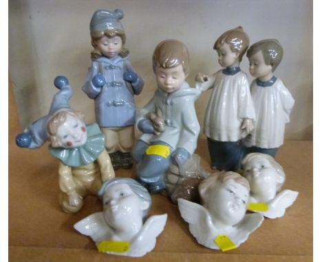 Seven Nao and Lladro figures including three putti or cherubs and a jester