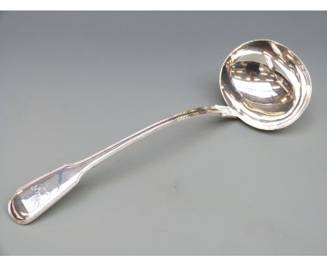 A 19thC Fiddle and Thread pattern white metal ladle, marks indistinct, possibly over stamped, length 32cm weight 217g