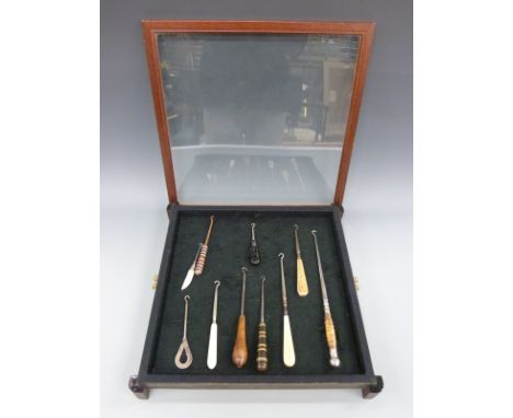 A display of ten various button hooks including a jet handled example