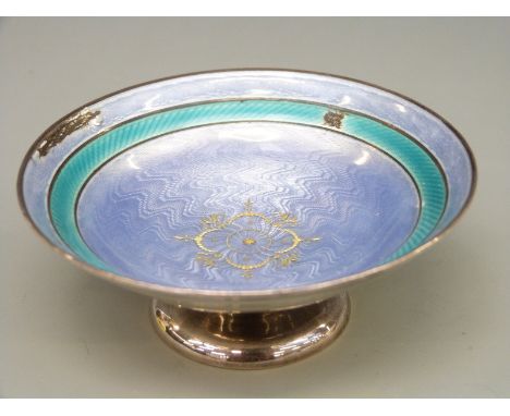 A George V hallmarked silver and guilloché enamel miniature pedestal bowl or tazza, London 1911 maker William Hutton & Sons L