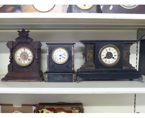 French 19thC single train slate mantel clock, the Roman enamel dial with beetle and poker hands and the movement stamped 1623