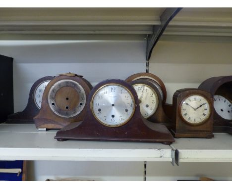 Quantity of mantel clock cases some with mechanisms, examples include Mappin & Webb, Smiths etc