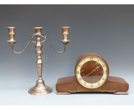 Art Deco mantel clock with three train chiming movement, the Arabic utility dial with stylised numerals and pierced brass han