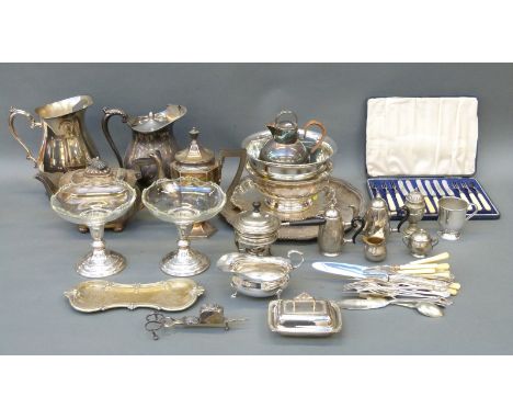 A collection of plated ware including salvers, teaware, cased cutlery, candle wick trimmer, Guernsey cream jug, pair of pedes