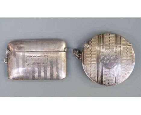 A hallmarked circular silver vesta with engine turned decoration, Birmingham 1924 maker Joseph Gloster Ltd and a hallmarked s