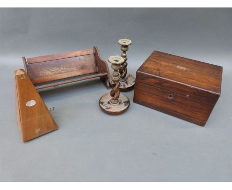 Rosewood workbox and sewing threads, book trough, candlestick & metronome 