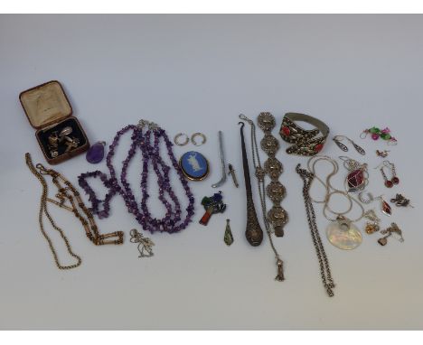 A collection of silver jewellery to include pendants, earrings, Victorian gilt watch chain, amethyst necklace, amethyst penda