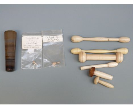 Six 19th/early 20thC turned ivory miniature darning tools and similar agate glove darning tool, two David Edwards