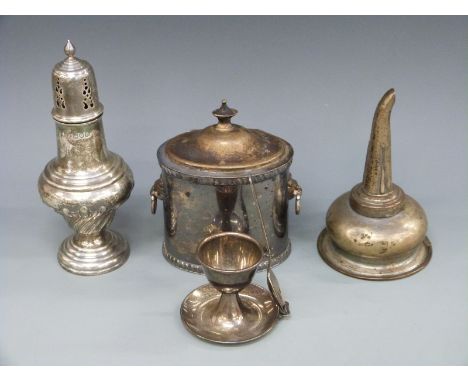 A Victorian hallmarked silver sugar caster, London 1896, height 17.5cm, weight 115g, a WMF silver plated caddy, plated wine f