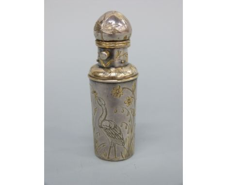 A Mappin and Webb aesthetic period scent or perfume bottle engraved with herons amongst foliage, marked Mappin and Webb to th