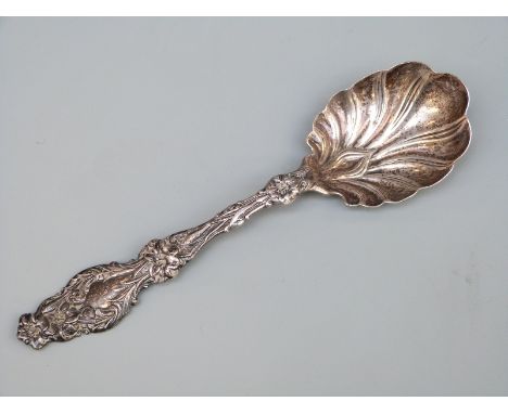 An American white metal Art Nouveau style spoon in the manner of Tiffany, marked sterling Parker & Van Cleve, length 15cm, we