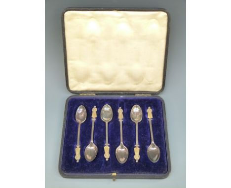 A cased set of George V suffragette figural top teaspoons, the enamel figure depicting Mrs Pankhurst or similar, Sheffield 19