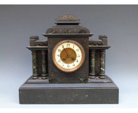 French 19thC two-train slate mantel clock, the Arabic ivory coloured chapter ring with beetle and polar hands, the architectu