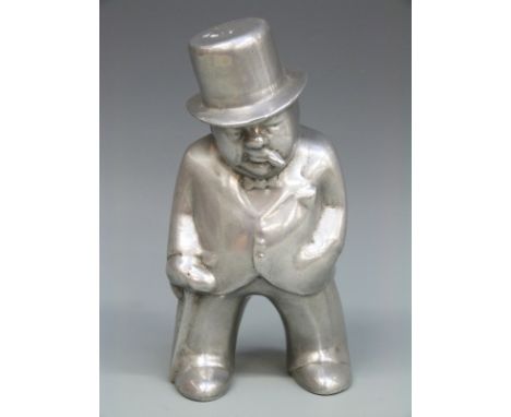 A polished aluminium figure of Sir Winston Churchill, believed by the vendor to have been used in the casting / moulding of t