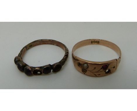 A Georgian ring set with purple cabochons and a 9ct gold ring, 3.1g