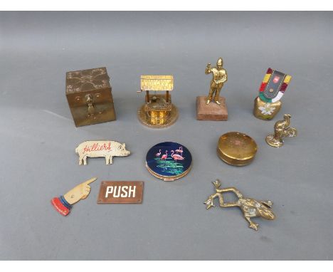 A flamingo enamelled Stratton powder compact, Hilliers advertising pig (local Nailsworth interest), brass snuff box and other