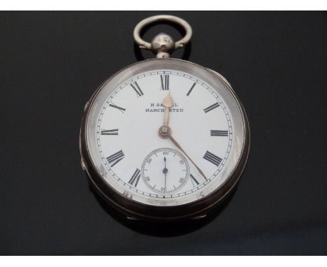 H Samuel Manchester Victorian hallmarked silver cased pocket watch, the white enamel dial with Roman numerals, marked to cove