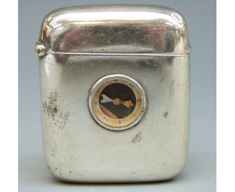A Victorian novelty hallmarked silver vesta with inbuilt compass, Birmingham 1898 maker A & J Zimmerman Ltd, height 6cm