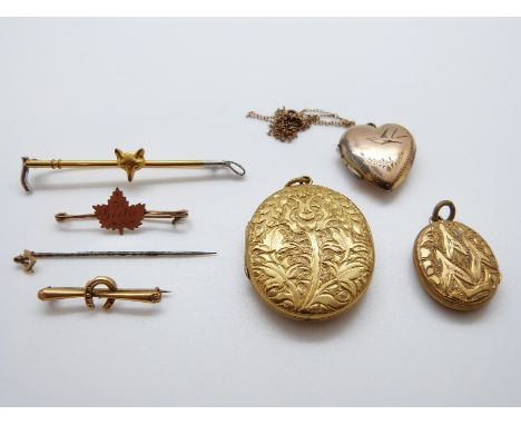 A brooch in the form of a fox and whip, a Masonic stick pin, a Victorian yellow metal brooch in the form of a horseshoe, thre