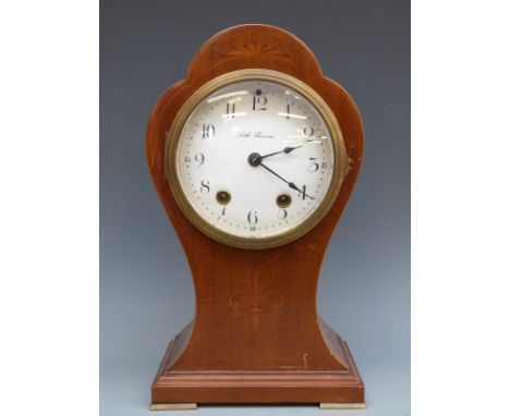 Seth Thomas, USA, Edwardian balloon style inlaid mantel clock, the Arabic enamelled dial with steel blue hands, the signed mo