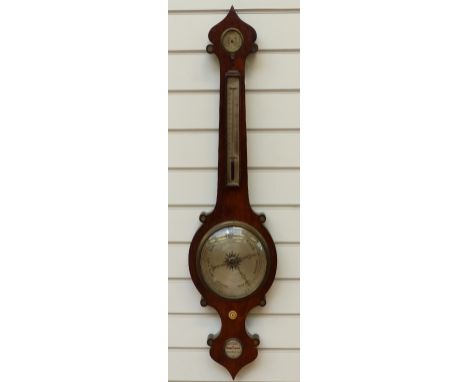 A Kemp, Groombridge Edwardian banjo barometer in rosewood case, the silvered dials with etched black predictions and central 