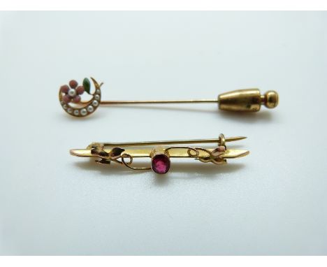 A 14ct gold stick pin set with seed pearls and enamel in the form of a crescent and flower and a 9ct gold brooch set with a g