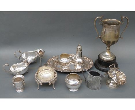A quantity of various silver plated items to include cream jug, sauce boats, sugar basin and scoop, caviar dish, sugar shaker