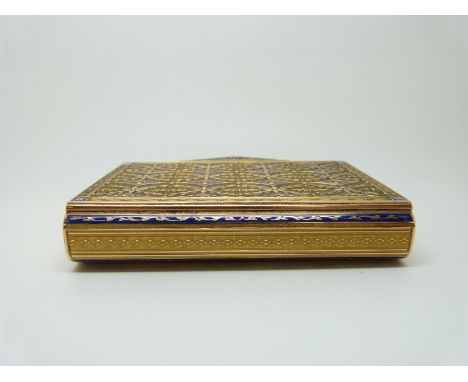 An early 19thC gold snuff box with blue enamel decoration, engraved inside lid 'L'Empereur Alexandre A L'Abbé Hauy' and with 