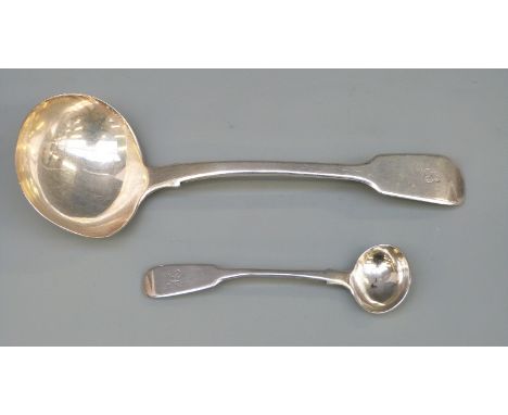 A hallmarked silver Fiddle pattern ladle, London 1823, maker Clement Cheese and a hallmarked silver salt spoon, London 1830, 