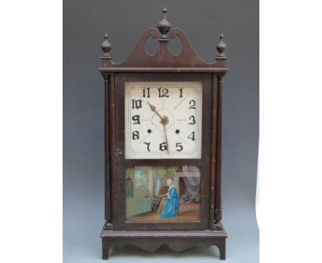 American wall shelf two train clock in stained wood case, colonial scene to glass door depicting a lady at a spinning wheel, 